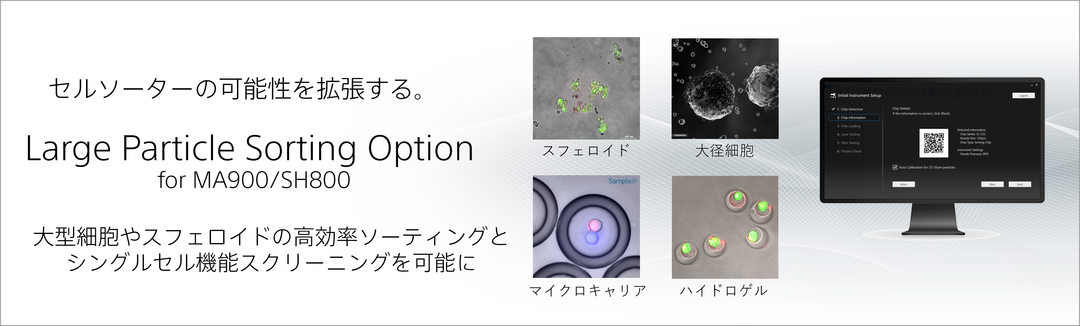 セルソーターの可能性を拡張する。 Large Particle Sorting Option for MA900/SH800 大型細胞やスフェロイドの高効率ソーティングとシングルセル機能スクリーニングを可能に