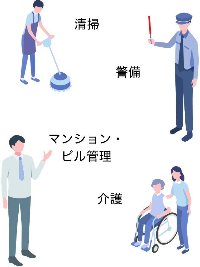 清掃、警備業、マンション・ビル管理、介護をイメージしたイラスト