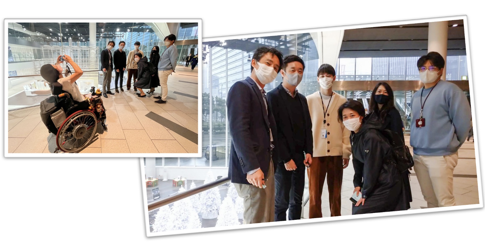 2枚の写真。1枚目は車椅子の方がSEC社員の写真を撮っている。2枚目はその撮影された写真