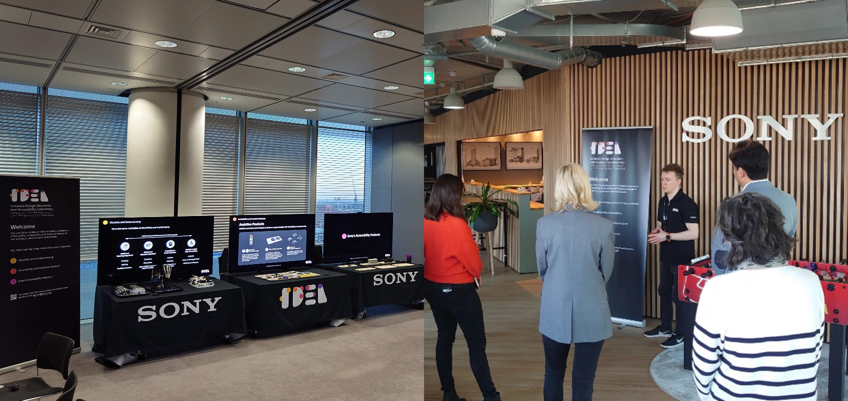 展示ブースとプレゼンテーションを行なっているイメージ。左側の写真は、展示ブースのカット。右側の写真は展示ブースにてスタッフがプレゼンテーションを行なっている。