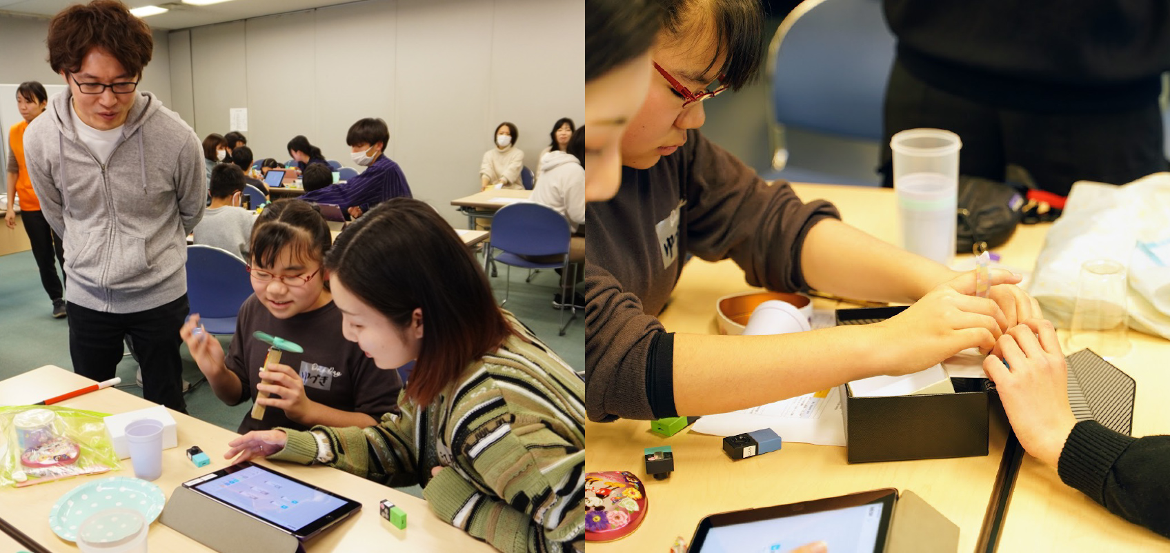 ワークショップの風景。左側の写真は大人と子供がタブレットを見ながら工作を行なっている。右側の写真は子供が真剣な眼差しで工作を行なっている。