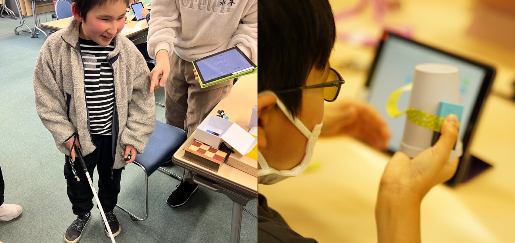 ワークショップの体験の様子。左側の写真は白杖を持った視覚障害のある方とそれに寄り添うスタッフ。右側は工作を真剣に眺める参加者。