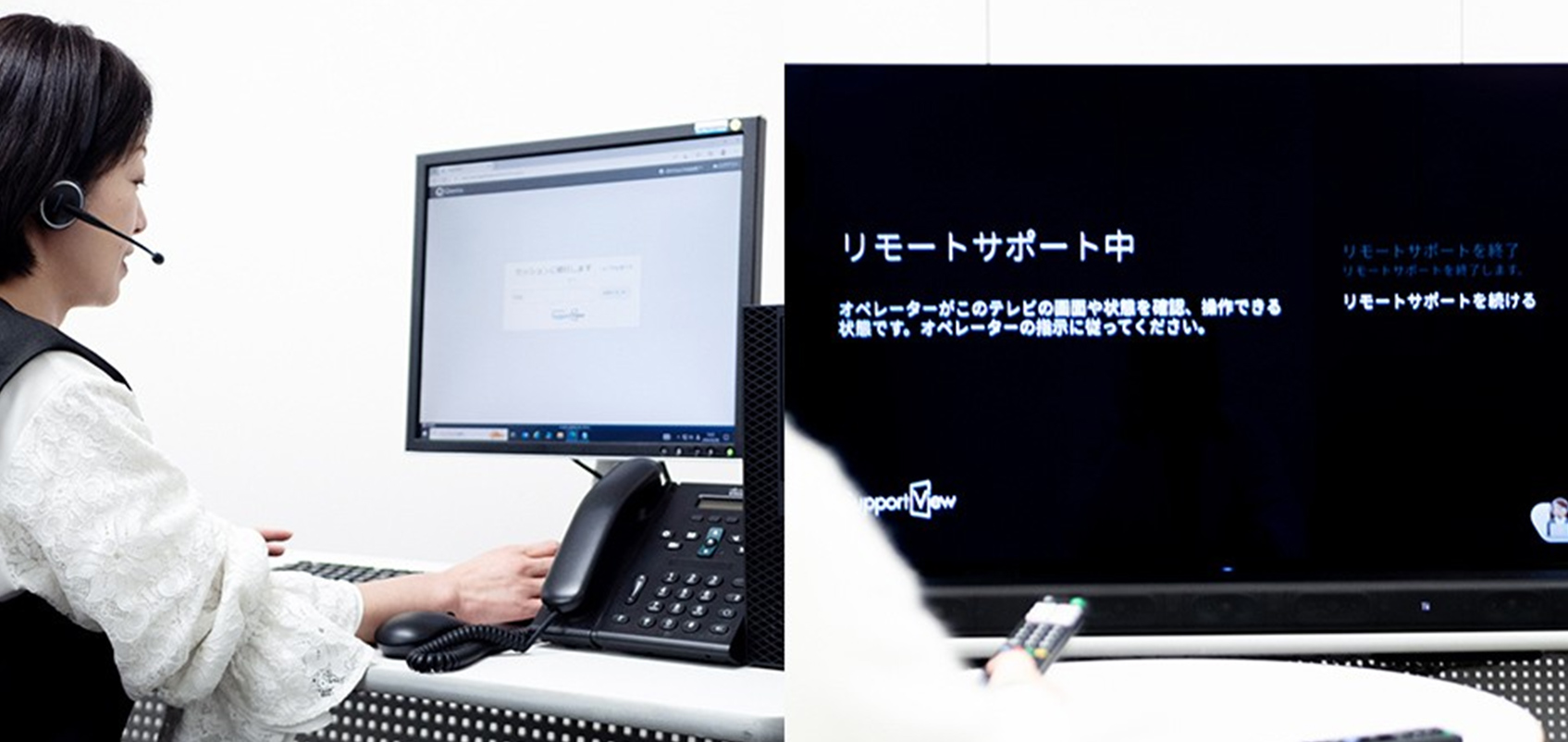 （左）ヘッドセットを着けたサポート担当者の写真。机の上のモニターに向かって座っており、モニターのすぐ下には電話とキーボードもある。
（右）遠隔サポートの内容が表示されたブラビア（テレビ）の画面