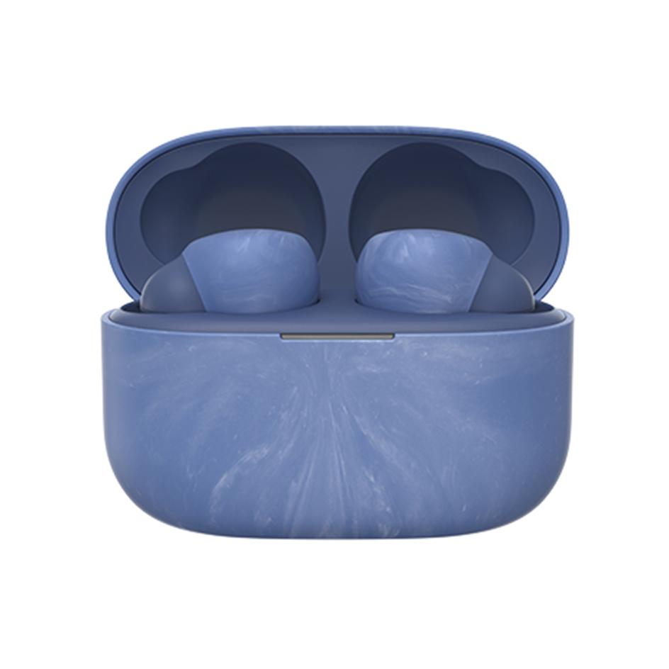 青いマーブル模様のイヤフォンとケース