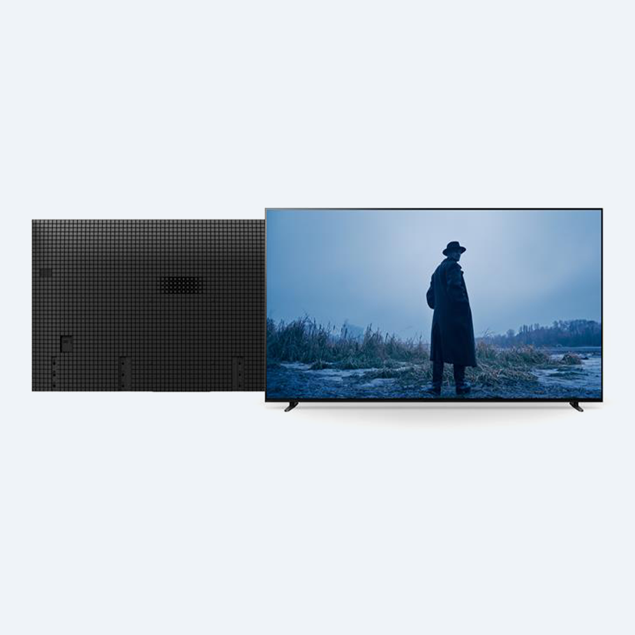 2台のブラビアを背面と正面が見えるように並べた製品画像。左側の1台は黒色のリアカバーが見え、もう1台は画面に山や夕焼けが映っている。