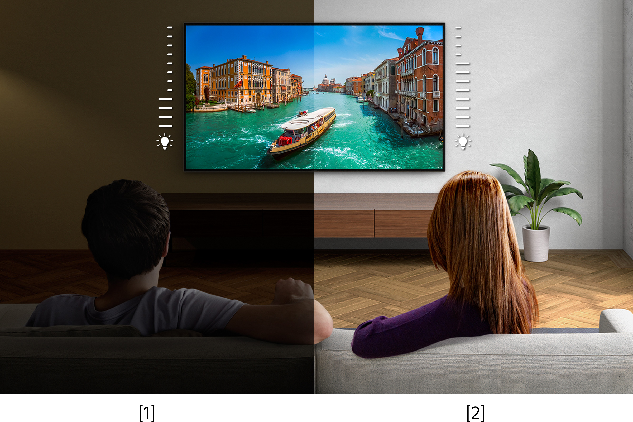 テレビのついた室内のイラスト。イラストは中央を縦にはしる線によって左右に分かれており、左側は暗く、右側は明るい。テレビ画面も同様に左右で明るさが異なっている。