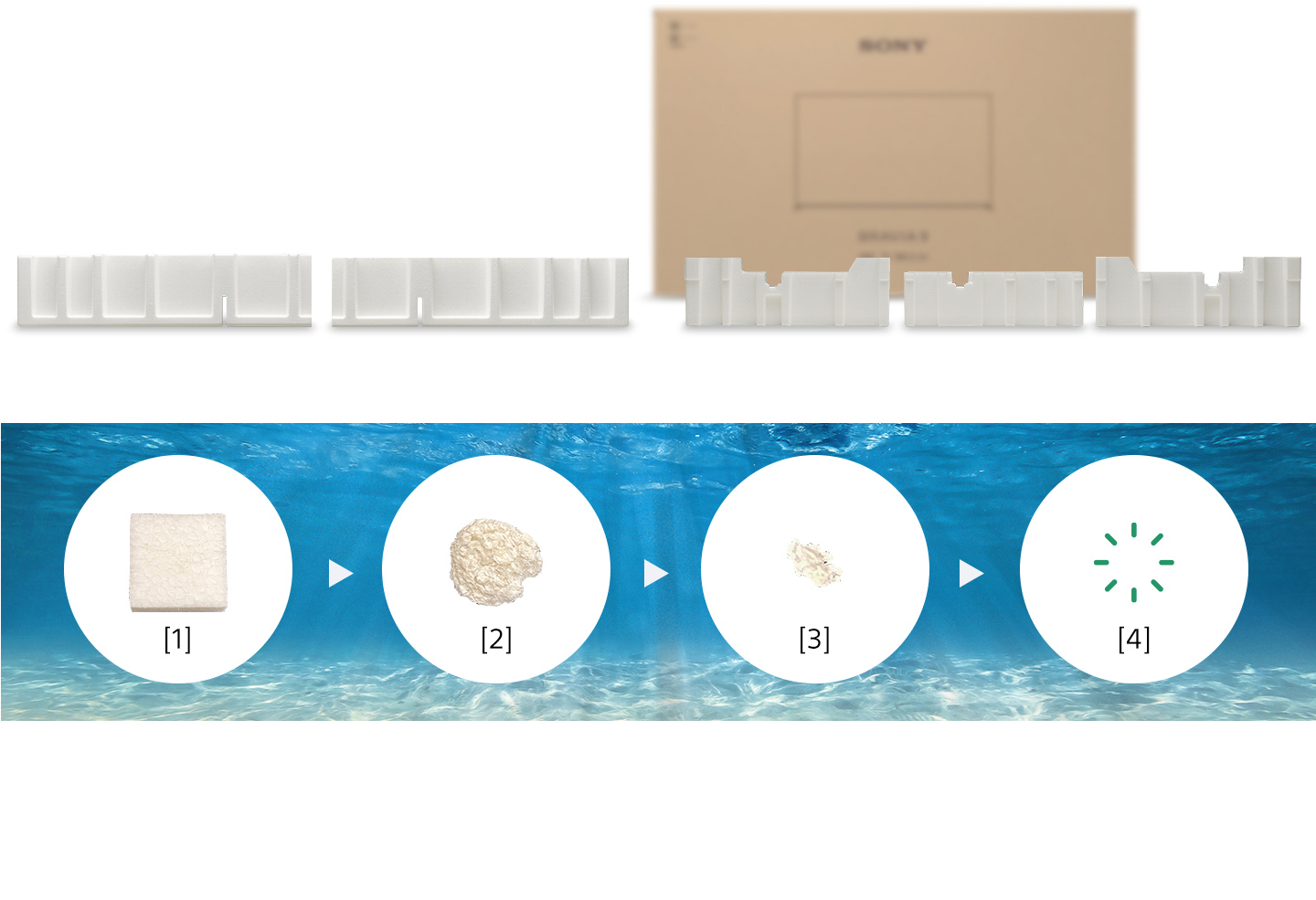 梱包材をならべた画像（上）と、生分解の過程を示すイラスト（下）。イラストは、海のような青い背景に4つの図がならび、梱包材の形が徐々に分解されて小さくなっていく様子を示している。