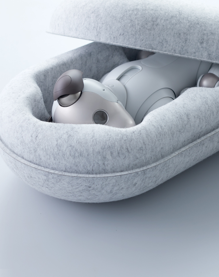 柔らかい灰色の繭のようなパッケージに包まれているaiboの製品画像