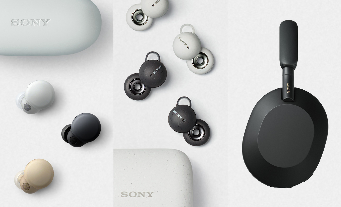 縦に3分割されたコラージュ画像。左には3色のイヤホンとそのパッケージ、中央には2色のイヤホンとそのパッケージ、右には黒のヘッドホン