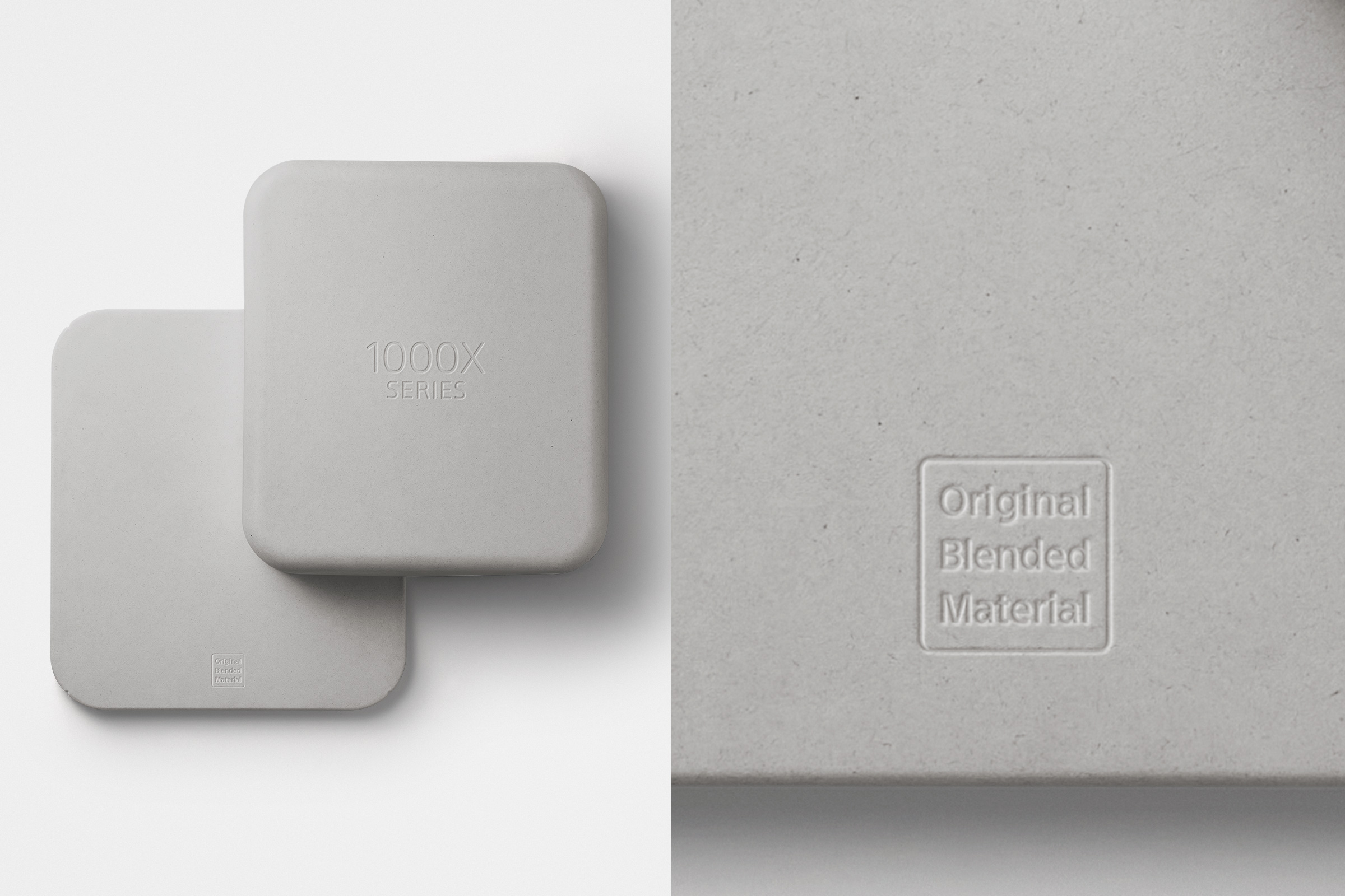 灰色の紙素材でできたパッケージの外観と、そこに刻印されたOriginal Blend Materialのロゴの拡大写真