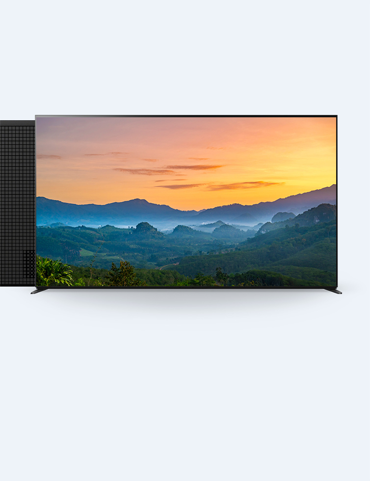 2台のテレビの画像。片方は黒い背面がこちらを向き、もう片方には風景画像が表示されている。