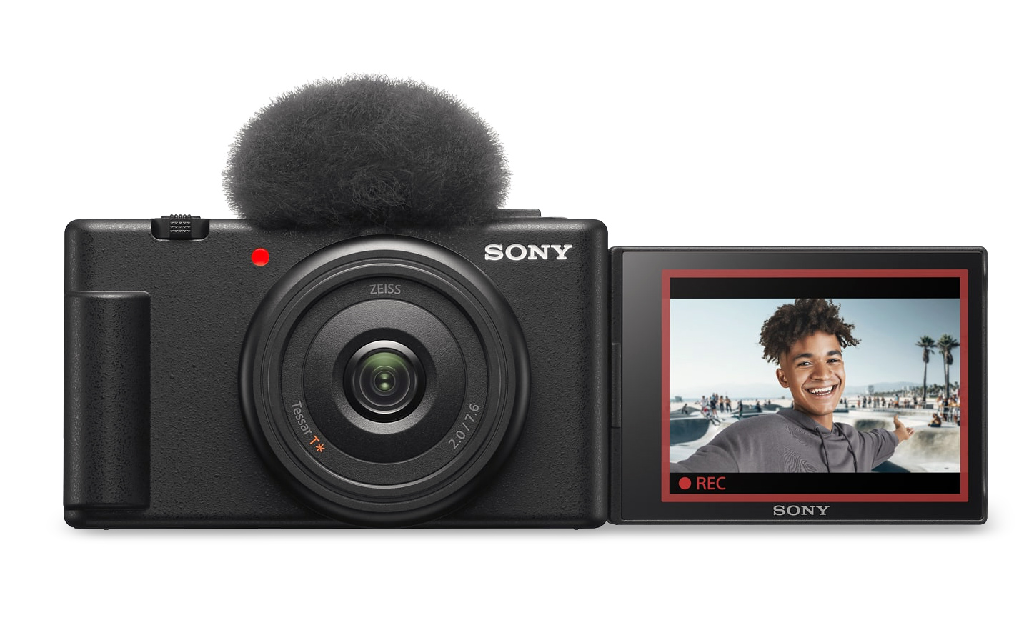 ZV-1Fにウインドスクリーンを装着し、液晶モニターを展開したイメージ