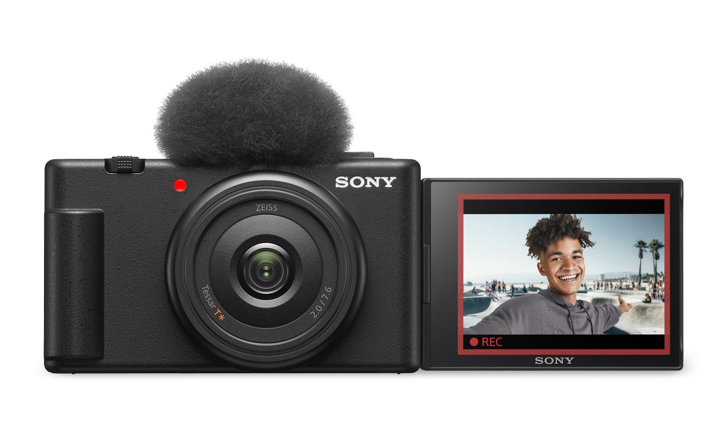 ZV-1Fにウインドスクリーンを装着し、液晶モニターを展開したイメージ