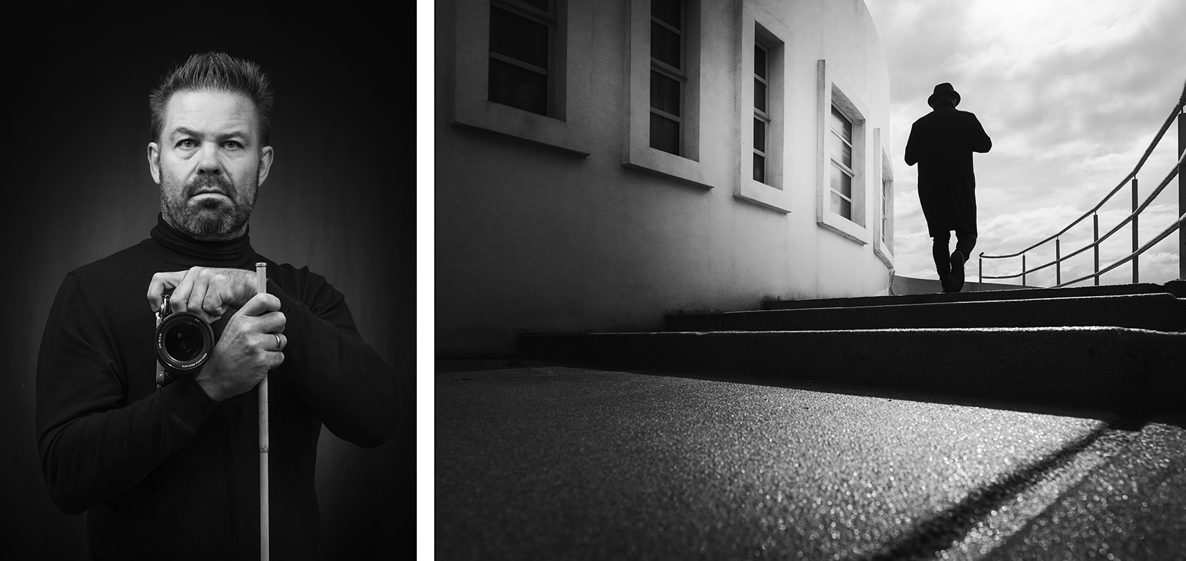 Left:Black and white self-portrait of Gary Williamson. He is facing the camera in front of a black background and wearing a back turtleneck shirt, while holding a Sony Alpha 7C II camera and his white cane.Right:A black and white photograph shot by Gary Williamson using Sony α7C II + FE 16-25mm F2.8 G lens. The photograph, captured at a low angle, showing a silhouette of a person in a coat and fedora climbing stairs with their back to the camera. There is dark contrast on the stairs, which are next to a bright, white building, and the sky is cloudy.