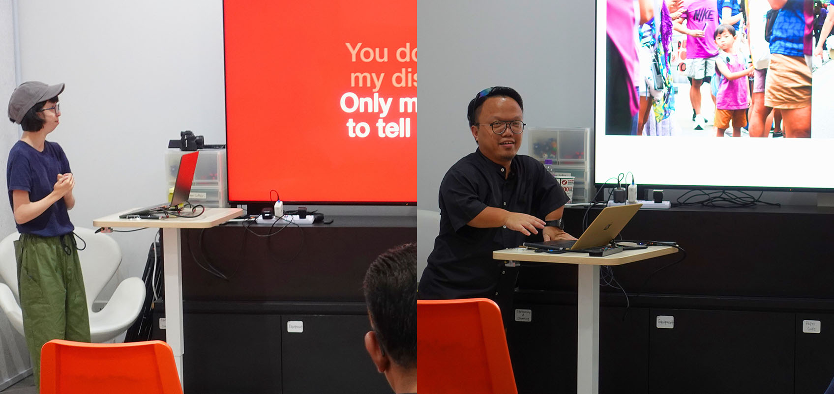 Two creators with disabilities each giving a presentation at a workshop held in a store.