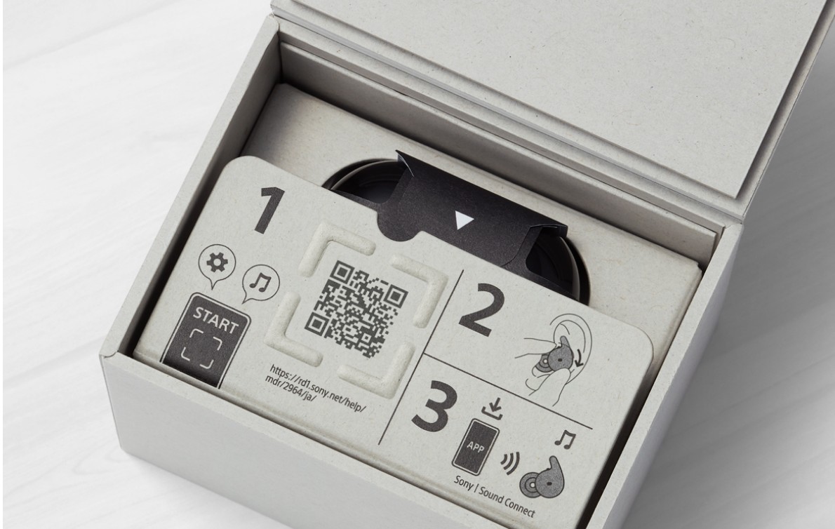 A close-up of the setup guide inside the Sony LinkBuds Open package. The setup guide features a QR code and steps numbered 1 to 3.