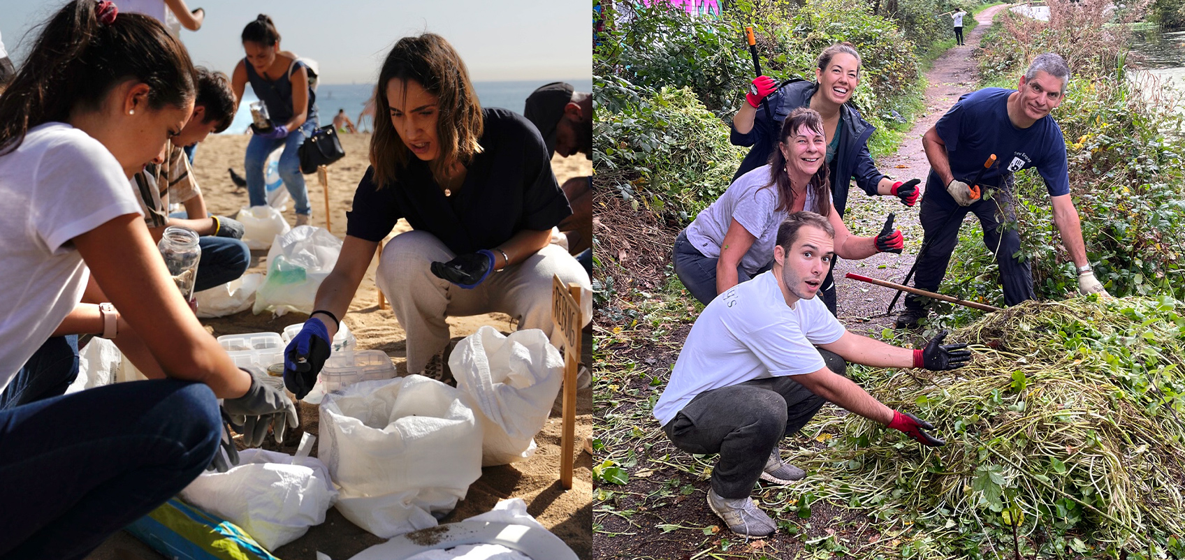"(Left) Employees sorting trash at the beach
(Right) Employees removing weeds and trash from the canal"