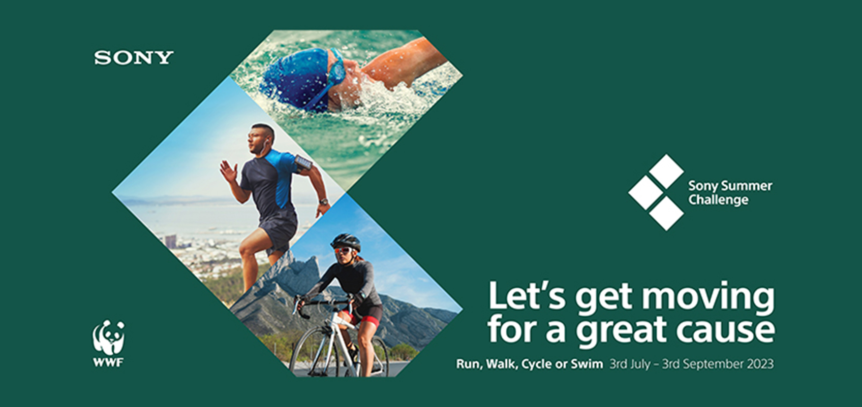 Logo of Sony Summer Challenge and photos of people swimming, running, and cycling