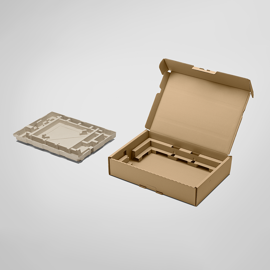 Cushioning made of corrugated cardboard and molded pulp.