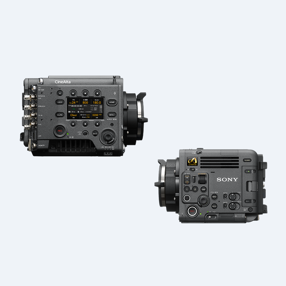 Product image showing left-side views of VENICE 2 (left) and BURANO (right) camera bodies Product image showing right-side view of VENICE 2 (left) and left-side view of BURANO (right) camera bodies