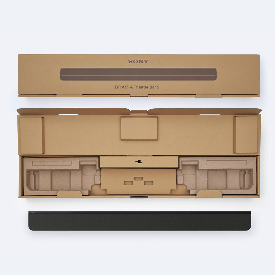 Images showing BRAVIA Theatre Bar 9 soundbar and carton. Top: top view of carton with lid closed; centre: view of carton interior with lid open; bottom: top view of soundbar